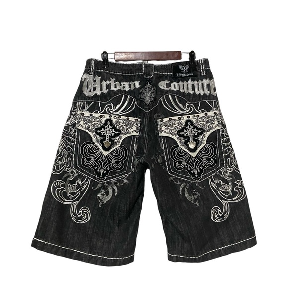 Vintage Urban Couture Victorious Baggy Embroidered Y2K Cross Black Denim Shorts - Picture 12 of 16